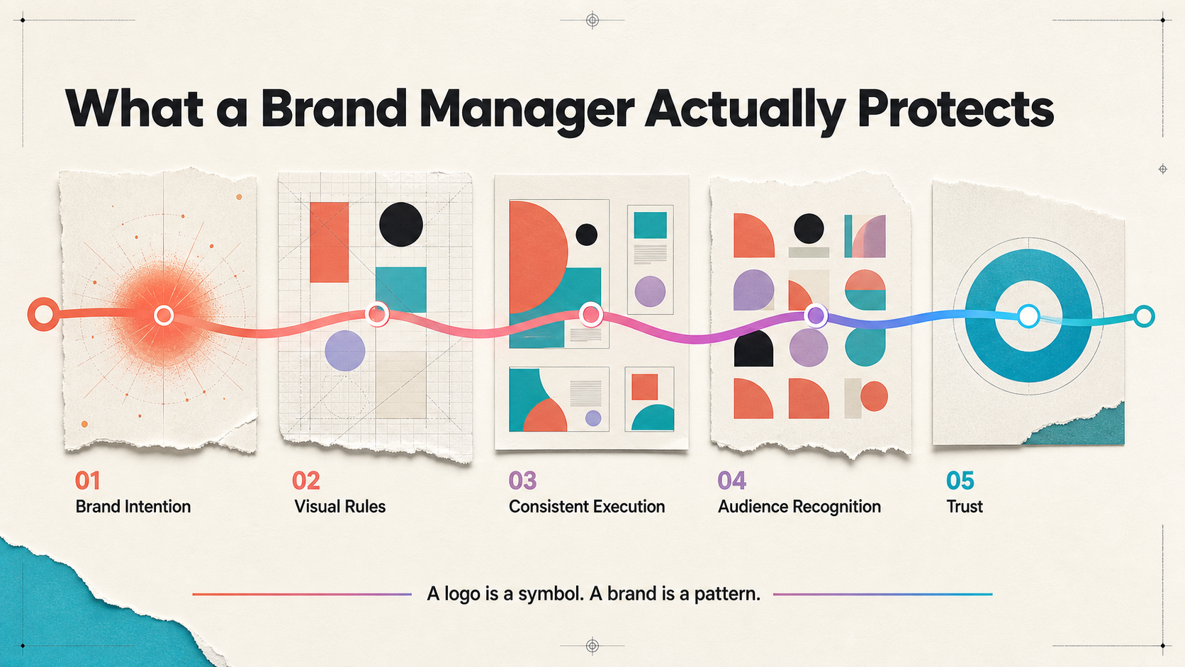 “What a Brand Manager Actually Protects” graphic showing five connected stages: brand intention, visual rules, consistent execution, audience recognition, and trust.
